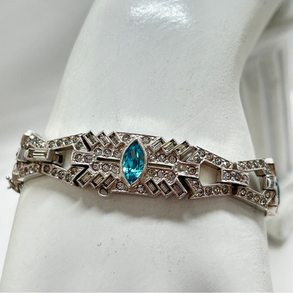 Vintage Silver, Blue, Clear Rhinestone Art Deco Bracelet, Stunning Piece, 7”